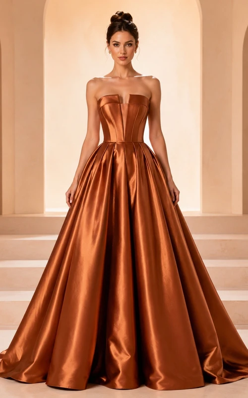 Luxury Copper Satin Ball Gown Floor-Length Strapless Pleated Evening Dress