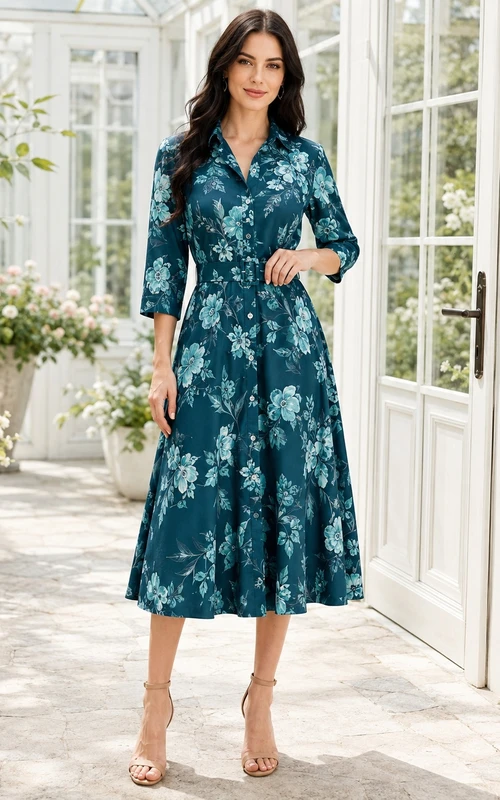 Peacock Floral Notched Neck Three-Quarter Sleeve Satin A-Line Tea-Length Shirt Dress