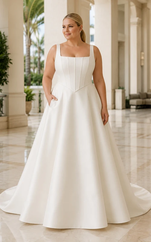 Robe de mariée de bal en satin à col carré grande taille