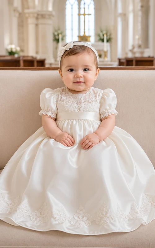 Elegant Church Ceremony Baby Baptism A-Line Puff Sleeve Satin Gown Adorable Romantic Lace Jewel Short Sleeve