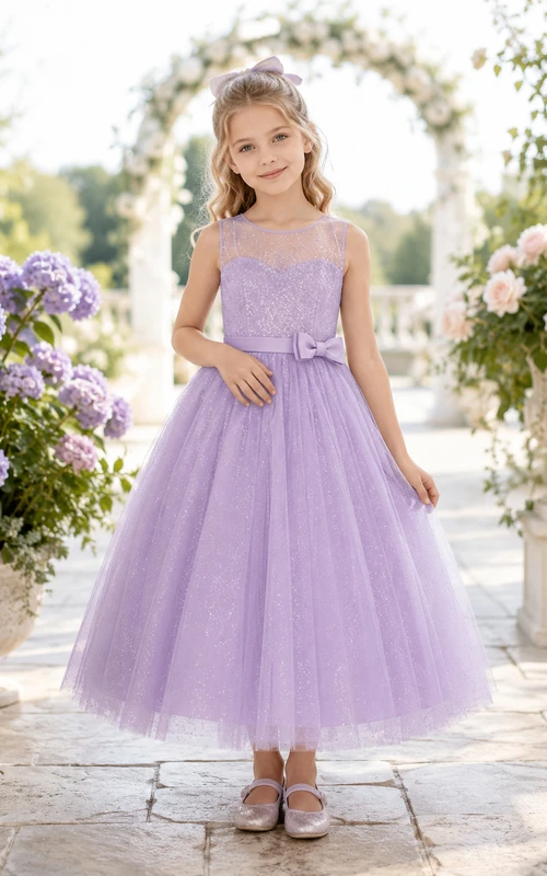 Robe de demoiselle d'honneur élégante, longueur thé, en tulle lavande pailleté, à fines bretelles spaghetti et coupe trapèze, idéale pour une fête.