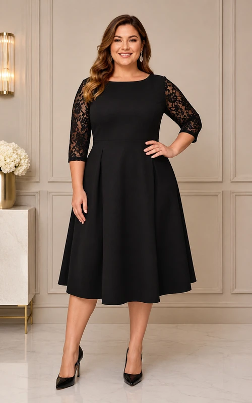 Vestido de satén negro para la madre de la novia, estilo barco, corte A, largo hasta la rodilla, con encaje.