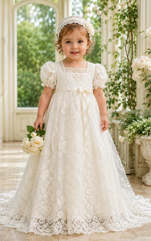 Vestido de lujo estilo reliquia para ceremonia de bautizo de bebé. Corte en A, largo hasta el suelo, cola larga, cuello alto, mangas cortas, encaje de tul, lazo en la espalda y botones en la espalda.