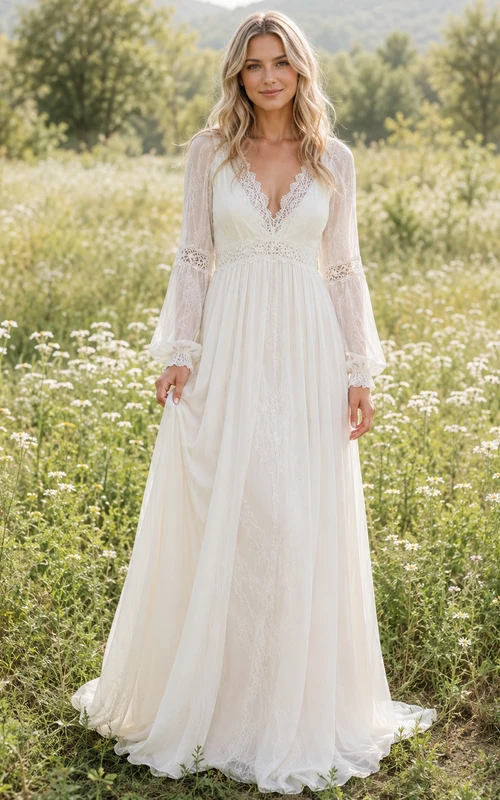 Robe de mariée bohème à manches longues en dentelle empire