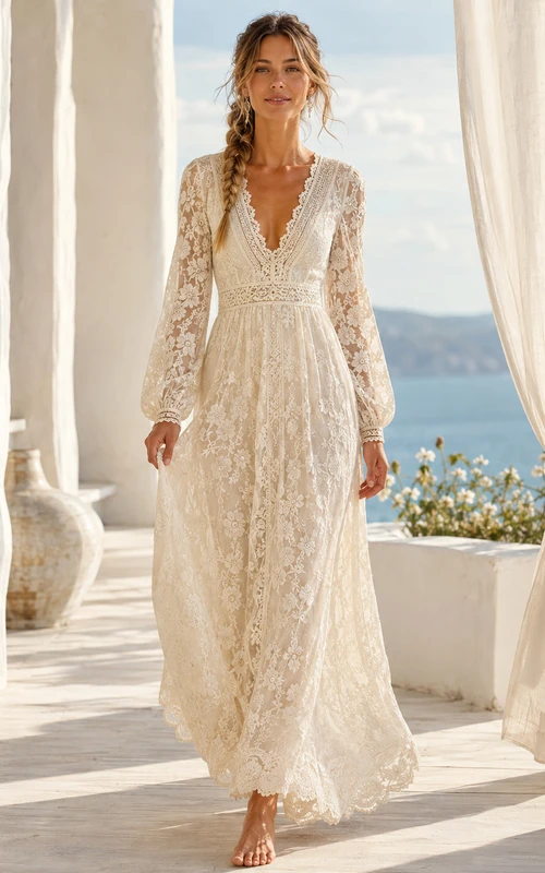 Robe de mariée bohème romantique en dentelle, col V, manches longues, coupe trapèze, longueur cheville, idéale pour un mariage à destination.