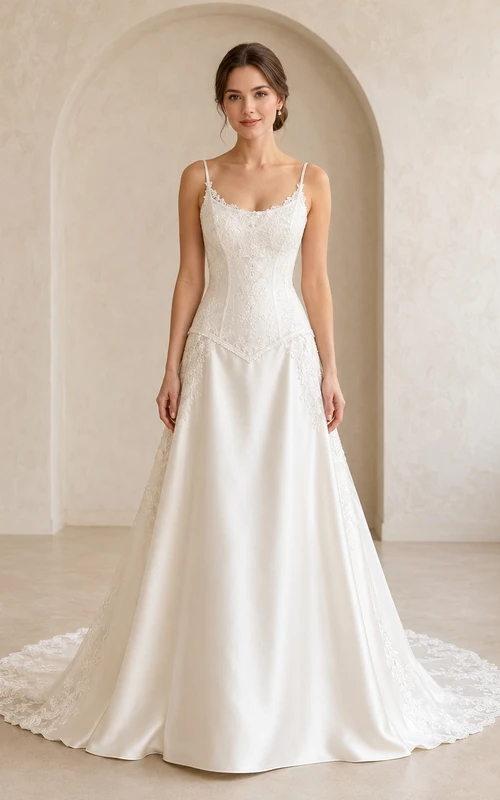 Vestido de novia de satén con cola larga y corte en A para ceremonia nupcial