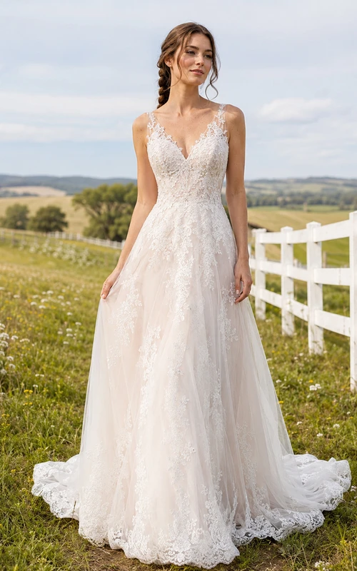 Country V-Neck Sleeveless Floral Lace A-Line Court Train Rustic Wedding Dress