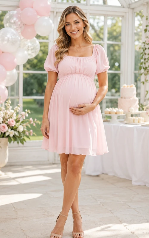 Vestido corto informal de gasa rosa rubor para baby shower, con cuello cuadrado y mangas abullonadas.