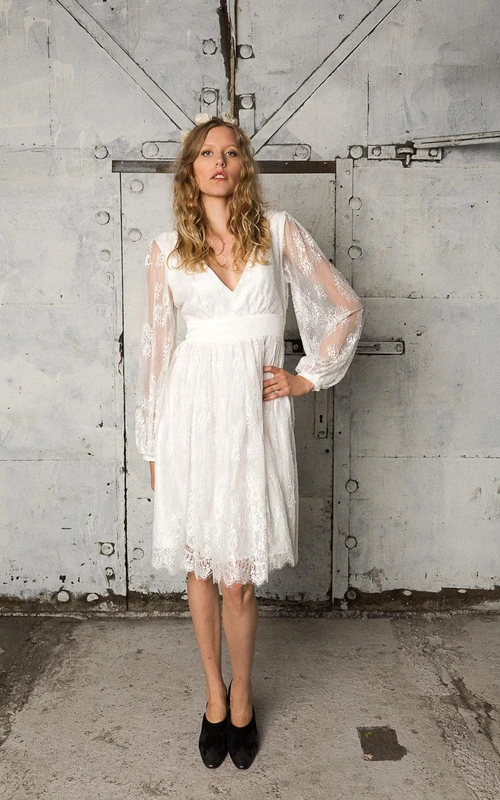 Illusion Long Sleeve V-Neck Knee Length Lace Vow Renewal Dress With Open Back