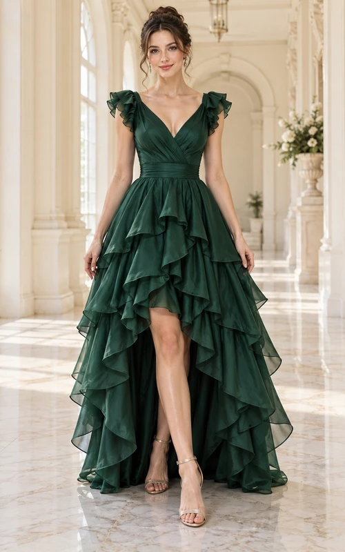 Robe de bal longue vintage vert foncé à col en V et volants en mousseline, coupe asymétrique.
