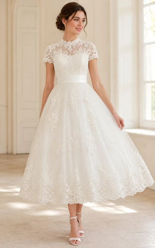 Vestido de novia civil de corte A, largo hasta la rodilla, modesto, cuello alto y mangas cortas.