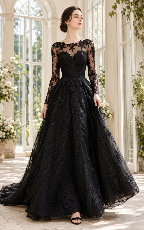 Robe de bal vintage en dentelle noire à col montant et manches longues