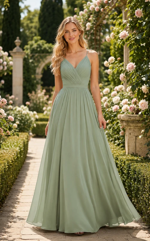 Sage Garden A-Line Chiffon Bridesmaid Dress with Sleeveless V-Neck Straps Bodice, Pleated Floor-Length Skirt and Low V Strappy Back