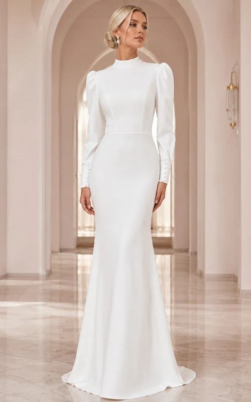 Robe de mariée sirène en satin, col montant et manches bouffantes, style moderne et pudique.