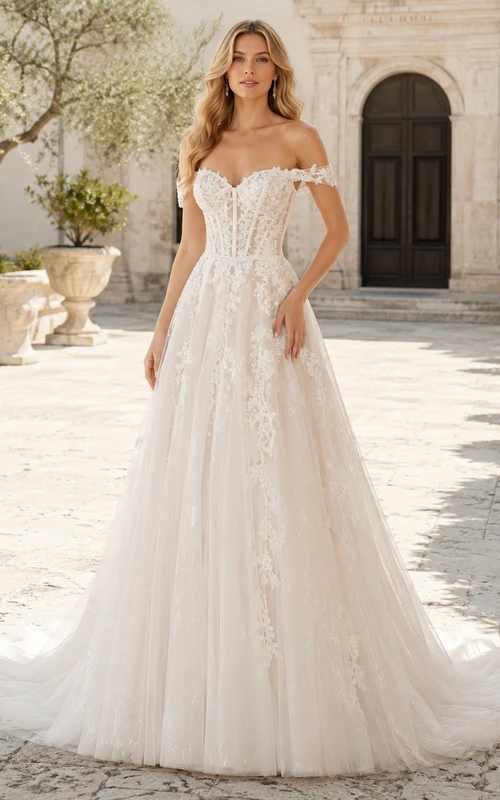 Robe de mariée romantique en dentelle et tulle, épaules dénudées, coupe trapèze courte, appliques chapelle, fermeture éclair classique au dos, longueur au sol