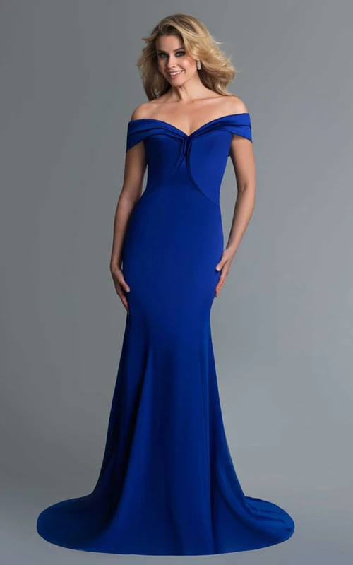 Vestido largo ajustado de punto con escote Bardot, cola de barrido y espalda en V baja