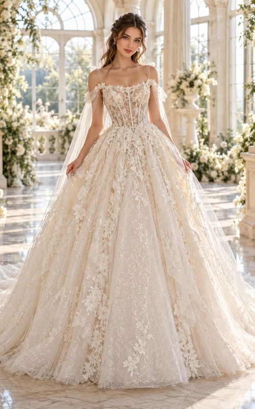 Off Shoulder Corset Floral Lace Cape Ball Gown Wedding Dress