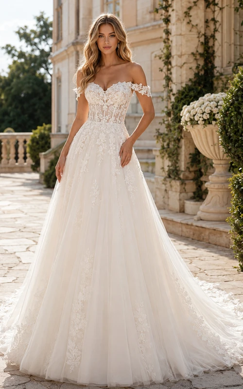Robe de mariée raffinée en dentelle et tulle, épaules dénudées, manches courtes, coupe trapèze, traîne chapelle, applications florales, fermeture éclair au dos, décolleté festonné