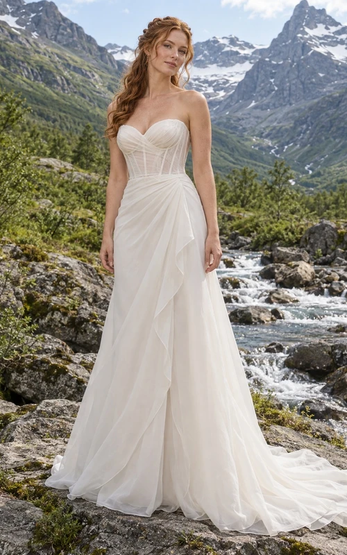 Vestido de novia moderno sin tirantes de organza con escote corazón, corte en A, corpiño ilusión y drapeado lateral.