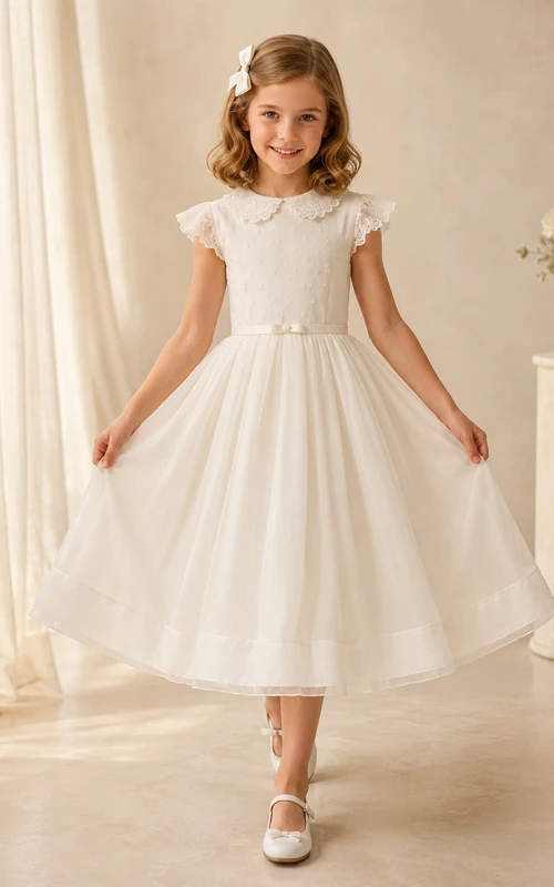 Robe de communion en tulle plissé à col rond et manches courtes et volants