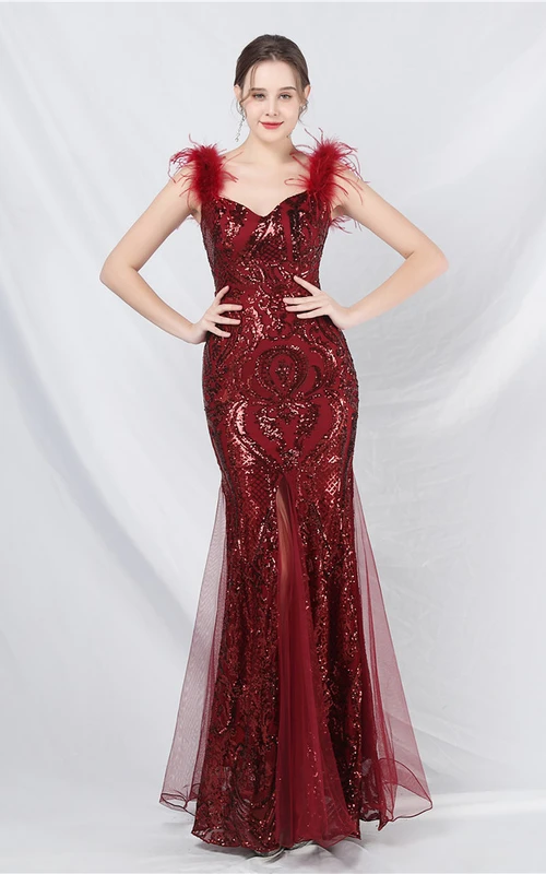 Craft Ostrich Feather Mesh Sequined High-End Long Dress