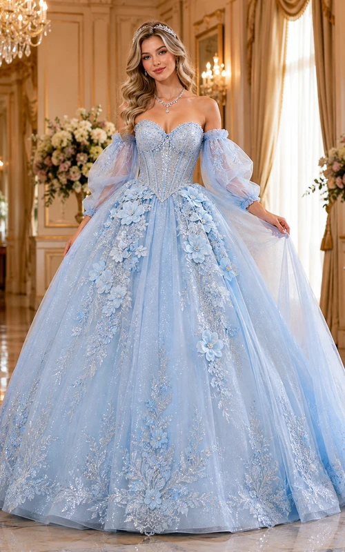 Vestido de quinceañera azul cielo con escote corazón, mangas abullonadas, apliques florales, corsé en la espalda y cola catedral.