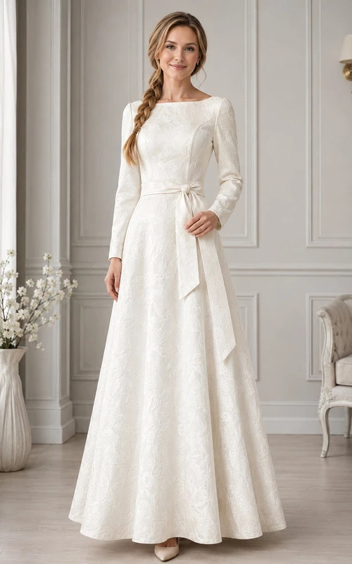 Vestido de manga larga, estilo modesto, color marfil, corte barco, estilo templo SUD.
