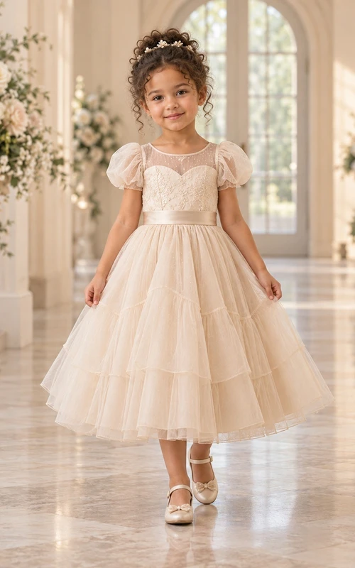 Teelanges champagnerfarbenes A-Linien-Kleid aus Spitze und Tüll mit Puffärmeln und Illusion-Stufen