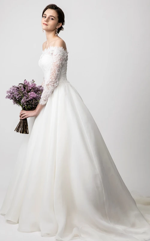 Sencillo vestido de baile de organza hasta el suelo, vestido de novia de manga larga con fruncido.