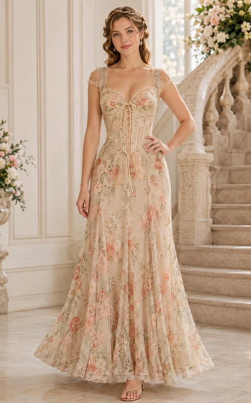 Robe de soirée vintage crème en dentelle florale, manches courtes, décolleté cœur, coupe trapèze, longueur au sol, lacée, à manches courtes et décolleté en cœur
