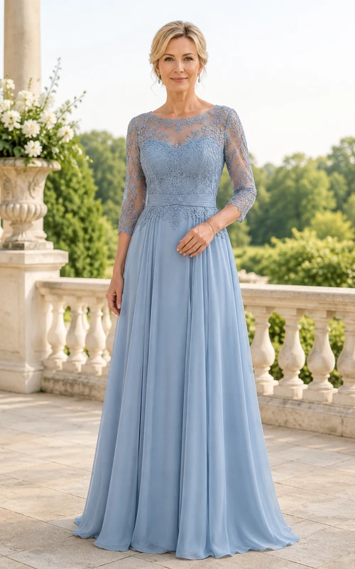 MOB Dress Steel Blue Chiffon Lace A-Line 3/4 Sleeve Bateau Neck Floor Length