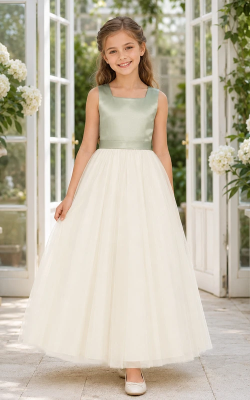 Flower Girl Dress Sage Tulle A-Line Jewel Neck Floor Length Pleated