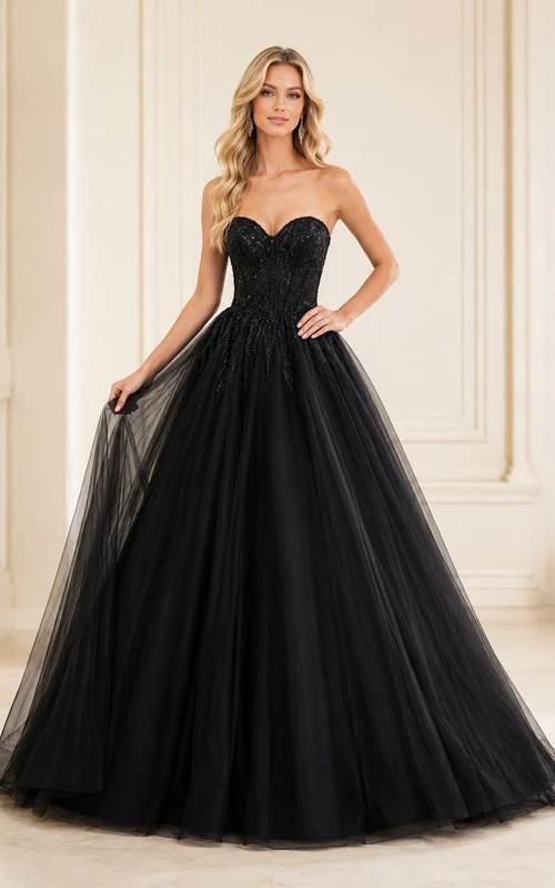 Black Strapless Sweetheart Pleated Tulle Low-Back Luxury Quinceanera Ball Gown