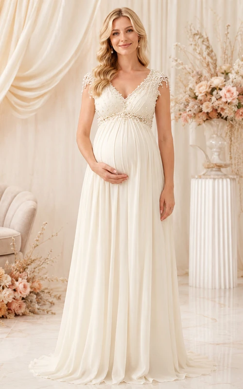 Robe de mariée romantique de maternité à col en V, manches courtes, en dentelle et mousseline, style empire