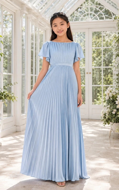 Himmelblaues Brautjungfernkleid in A-Linie mit U-Boot-Ausschnitt und kurzen, juwelenbesetzten Ärmeln aus elegantem Satin