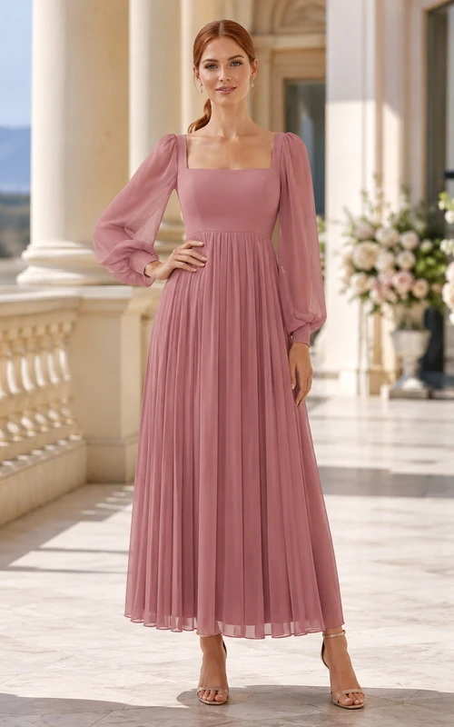 Dusty Rose Square Neck Poet Sleeve Pleated Guest Dress