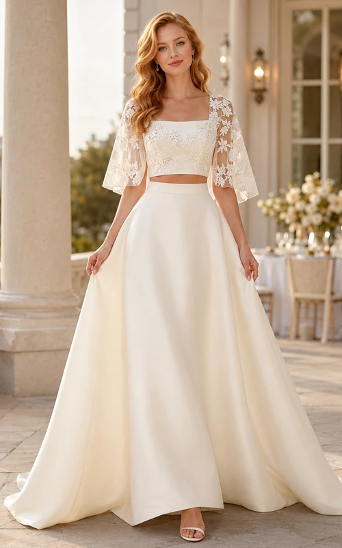 Robe de bal noire deux pièces en dentelle à manches cape et nœud papillon