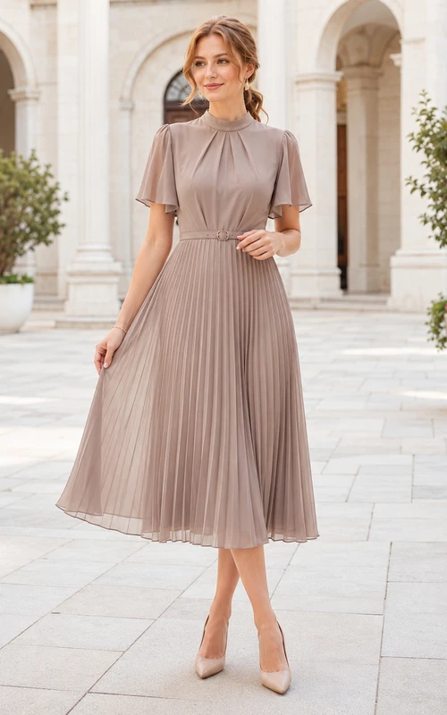 Taupe Pleated High Neck Short Sleeve Ceremony Midi Dress