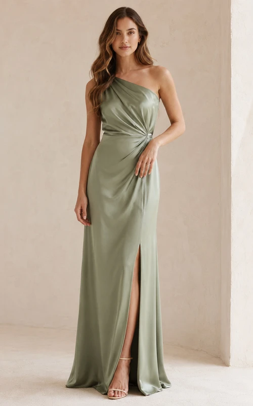 Sage one shoulder ruched satin slit floor length evening dress
