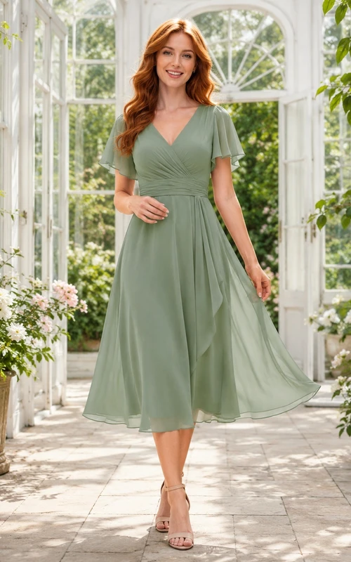 Vestido casual de gasa de manga corta, largo midi y corte en A con escote en V de Sage Guest Garden