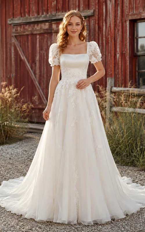 Brautkleid aus Chiffon im Landhausstil, A-Linie, eckiger Ausschnitt, Puffärmel, bodenlang, tiefer V-Ausschnitt am Rücken