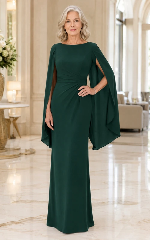 MOB-Kleid, dunkelgrünes Chiffon-Etui-Kleid, lange Ärmel, U-Boot-Ausschnitt, bodenlang, Cape-Ärmel-Detail