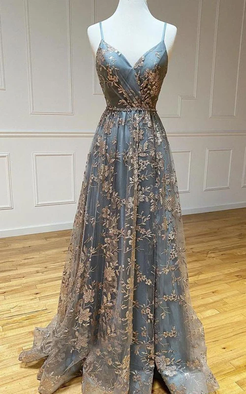 Robe de bal romantique sans manches en dentelle, coupe trapèze, longueur au sol, ornée d'appliqués