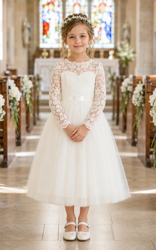 Robe de demoiselle d'honneur en dentelle ivoire et tulle, coupe trapèze, manches longues, col rond, longueur midi