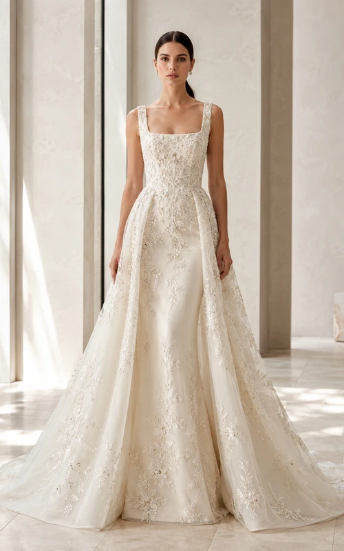 Robe de mariée moderne en dentelle botanique, col carré, bretelles carrées et traîne courte