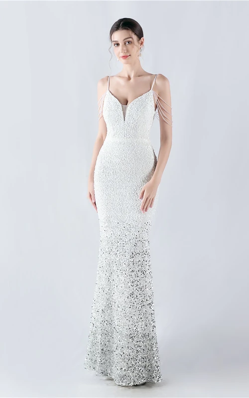 Velvet-Bottom Gradient Sequined Sexy Beaded Suspender Evening Dress