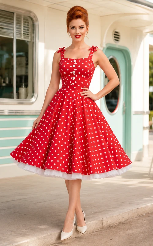 Robe de bal vintage rouge à pois, col carré, épaules nouées, satin, longueur thé