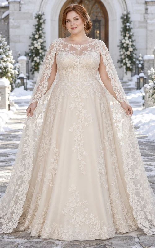 Vestido de novia de talla grande con manga larga, encaje floral y capa, corte A