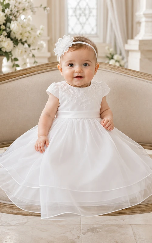 Sheer Organza Overlay Baby Christening A-Line Scoop Neck Dress Simple Adorable Romantic Tulle