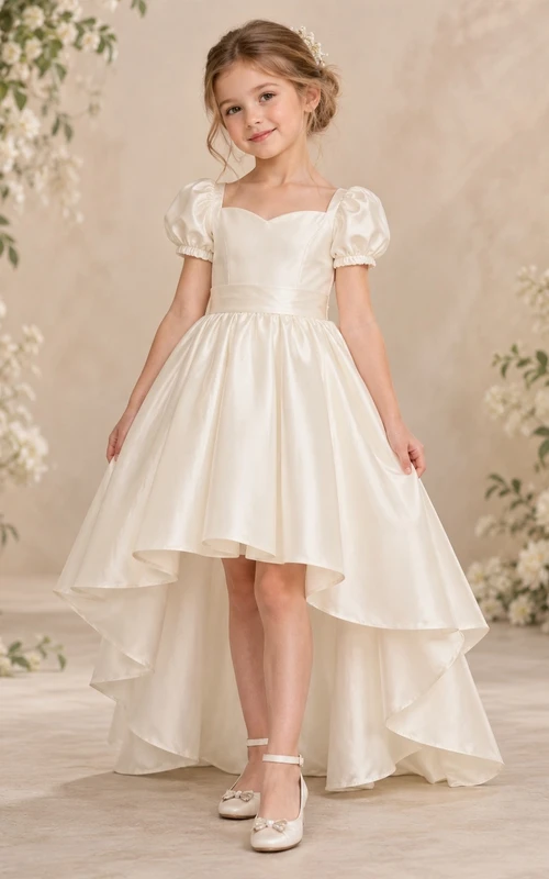 High-low Ivory Sweetheart Puff Sleeve Gathered Sashed Satin A-Line Bow Flowergirl Dress